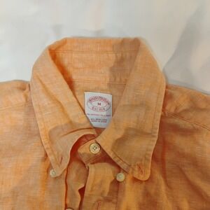 Brooks Brothers Shirt Med 100% Irish Linen Summer Casual orange preppy‎